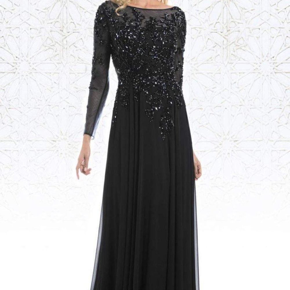 FerianiCouture Long Sleeve Beaded Illusion A-Line Evening Gown